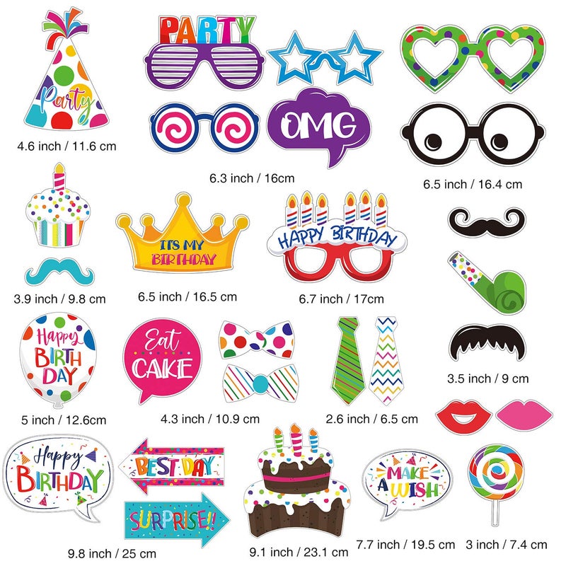 Frienda 29 Pieces Birthday Photo Booth Props Kit Colorful Funny Kids Birthday Theme Table Centerpiece Craft Cutouts with Glue Point Dots and Wooden Dowel Sticks for Party Celebration Decorations - Image 3